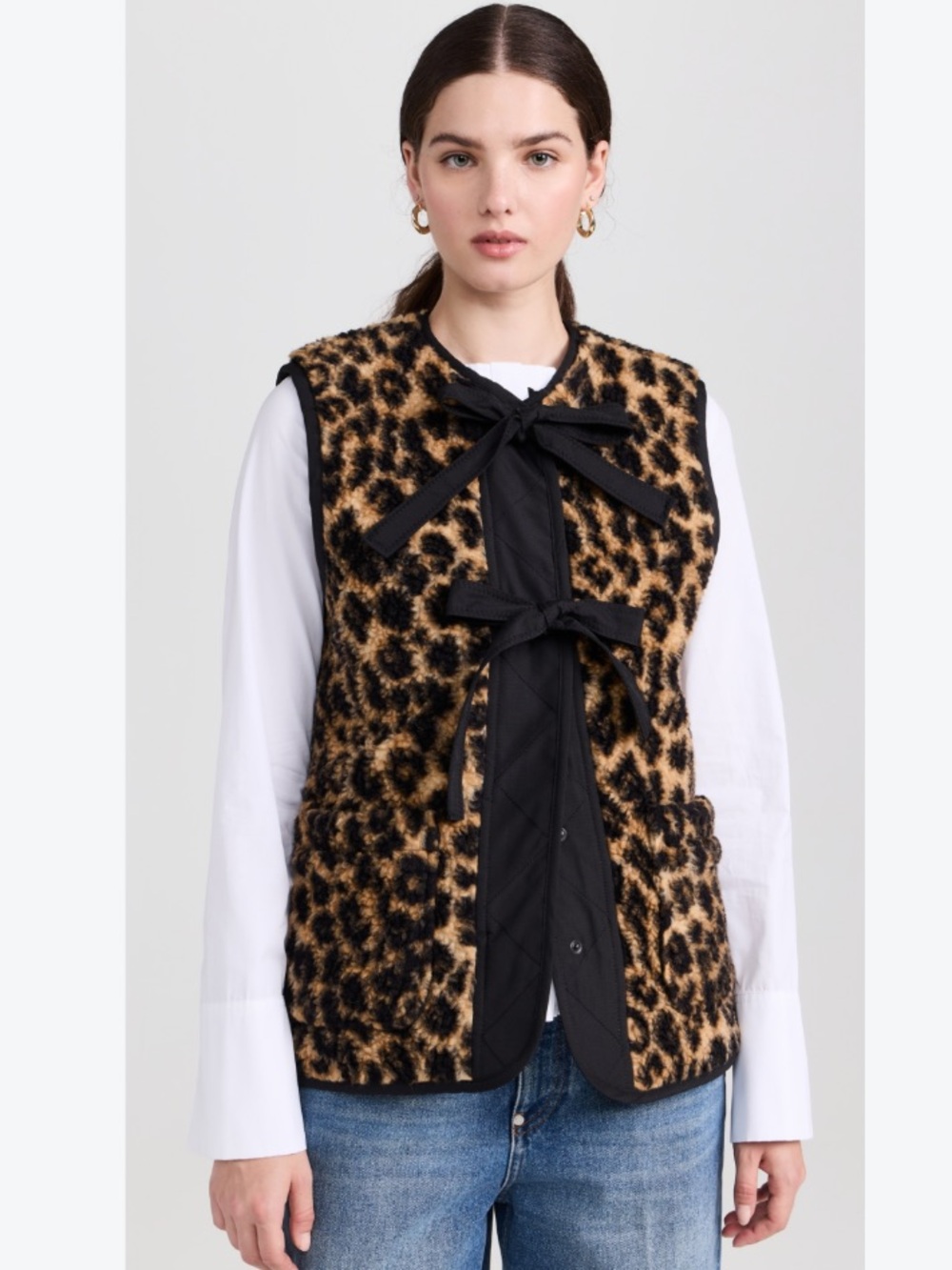 Damson Madder Vest Marta Borg Gilet Sherpa Bow Front in Leopard Tan Black